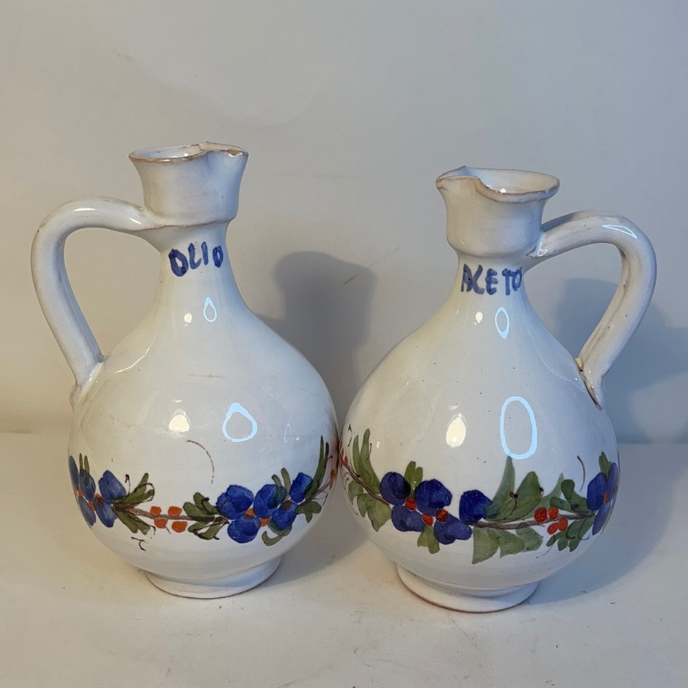 Vintage cruet set Hand-painted Italian pottery oil and vinegar cruets bottles